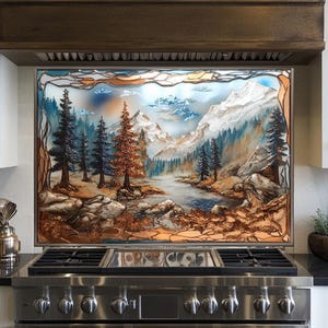 Dosseret en verre, montagne, pin cuivré, paysage naturel rustique imprimé sur verre, carreau décoratif mural pour cuisine et salle de bain