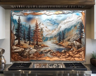 Kupfer Pine Tree Mountain Glass Backsplash - Rustikale Naturlandschaft auf Glas, Waldhütte Küche & Bad Wanddekorfliese gedruckt