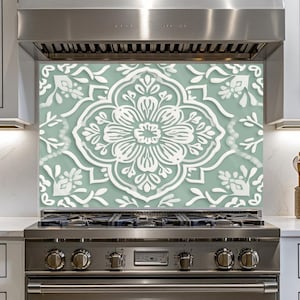Mint Green Glass Backsplash, Minimal Kitchen Decor, Farmhouse Tile Pattern Stove Splashback, Tempered Glass Panel, Free Shipping USA