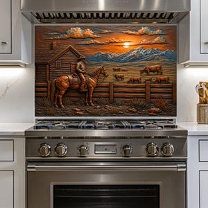 May include: A rectangular kitchen backsplash panel featuring a relief carving of a cowboy on horseback beside a wooden cabin. The scene depicts a sunset over mountains with cattle grazing in a fenced field, rendered in shades of brown and orange.