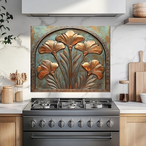 Crédence d'une crédence en verre aspect cuivre antique – Panneau d'art mural effet métal vintage – Décoration rustique en carreaux de verre pour cuisine ou salle de bain