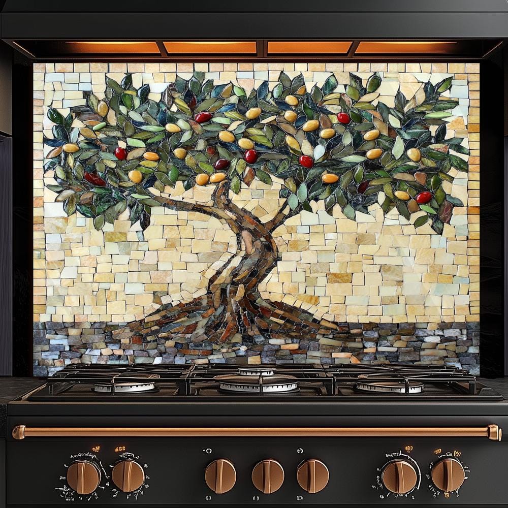 Tempered Glass Backsplash, Olive Tree Glass Wall Art, Mosaic Look Backsplash for Kitchen or Living Room, Mediterranean Style Home Decor Tile
