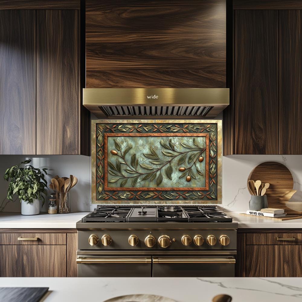 Olive Leaves Copper Look Tempered Glass Backsplash, Embossed Style Printed Tile for Kitchen, Rustic Kitchen Backsplash, Decorative Tile