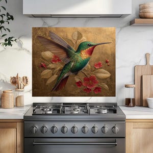 Élégante crédence en verre Colibri - Art mural d'oiseaux de fond doré - Panneau de verre de cuisine de luxe inspiré de la nature