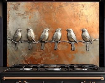 Tempered Glass Backsplash with Birds on Tree Branch – UV Printed Decorative Kitchen Panel, Heat Resistant Backsplash, Custom Size Available
