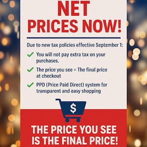 The image is a promotional poster for a retail store, announcing a new pricing system. It features a shopping cart icon and text that provides information about the new pricing policy.