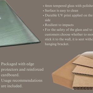 May include: A close-up of a 4mm tempered glass panel with polished edges. The surface is easy to clean and has a durable UV print applied on the back. The glass is packaged with edge protectors and reinforced cardboard.