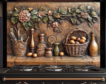 Kitchen Copper Look Tempered Glass Backsplash, Stove Behind Splashback Tile for Kitchen, Rustic Kitchen Decor Backsplash, Decorative Tile