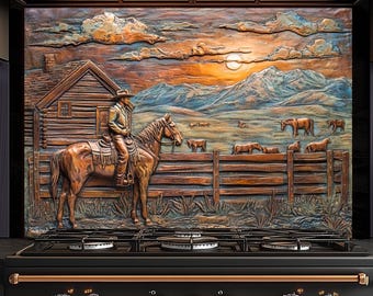 Rustic Western Copper Look Tempered Glass Backsplash, Embossed Style Wall Art with Cowboy and Horse Scene for Farmhouse Kitchen Decor