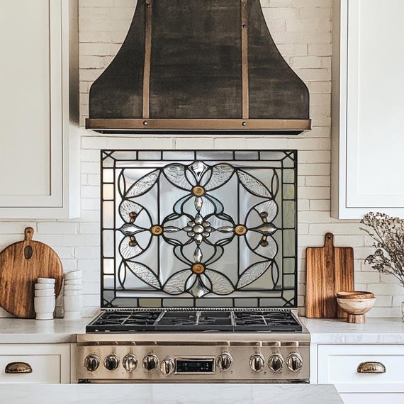 Stained Glass Look Kitchen Backsplash | Vitray Style Tempered Glass Wall Art | Colorful Artistic Glass Panel | Elegant Decorative Accent
