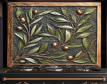 Olive Branch Copper Look Tempered Glass Backsplash, Embossed Style Printed Backsplash for Kitchen, Mediterranean Wall Decor And Rustic Touch