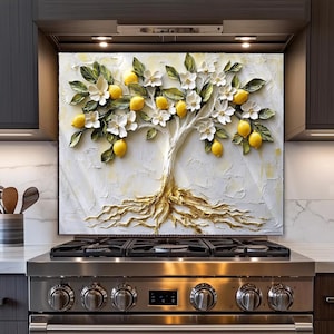 Dosseret en verre trempé, Dosseret en citronnier, Décoration de cuisine, Dosseret en verre pour la cuisine, Couvercle supérieur pour gaz, Panneau de cuisine