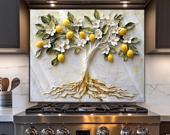 Tempered Glass Backsplash, Lemon Tree Backsplash, Home Kitchen Decor, Glass Backsplash for Kitchen, Top Cover For Gas, Kitchen Panel