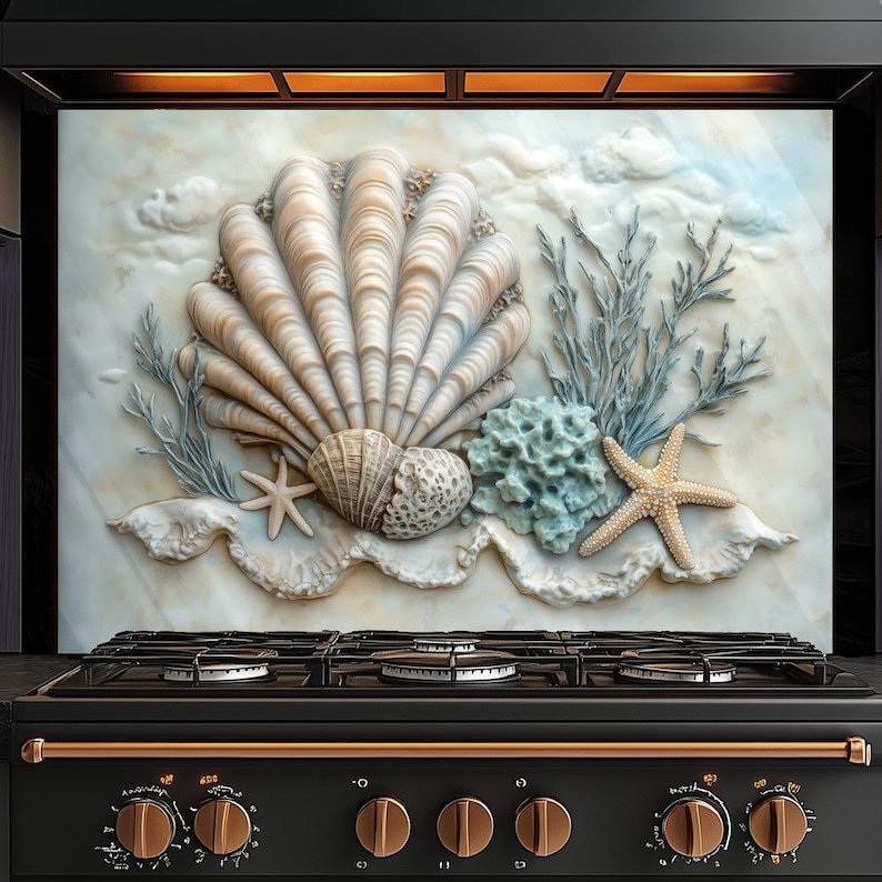 Seashell Tempered Glass Kitchen Backsplash: Coastal Wall Art - Etsy