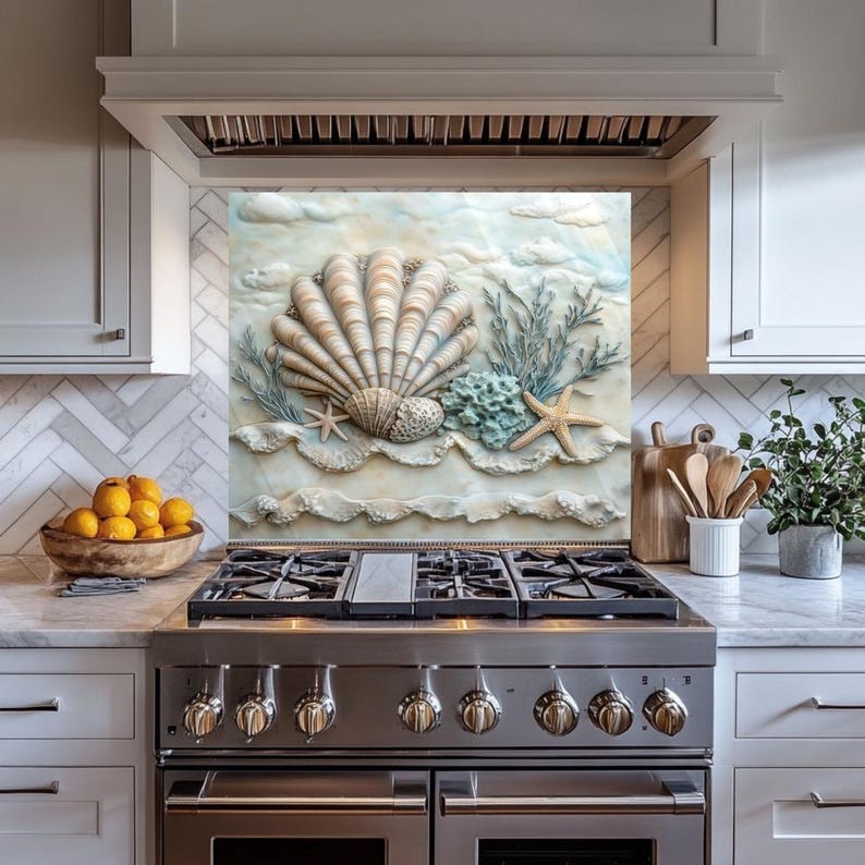 Seashell Tempered Glass Kitchen Backsplash: Coastal Wall Art - Etsy