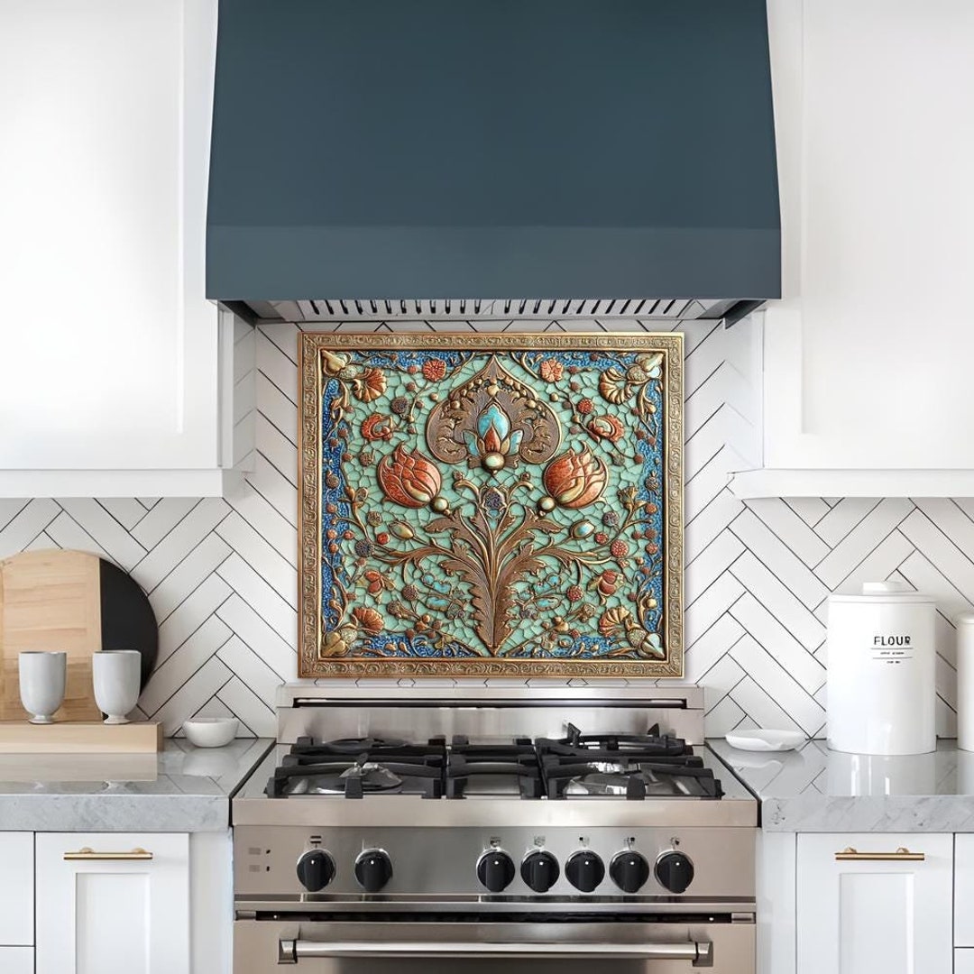 Glass Backsplash-ottoman Tile Look One Piece Tempered Glass Kitchen Splashback for Stove Behind ...