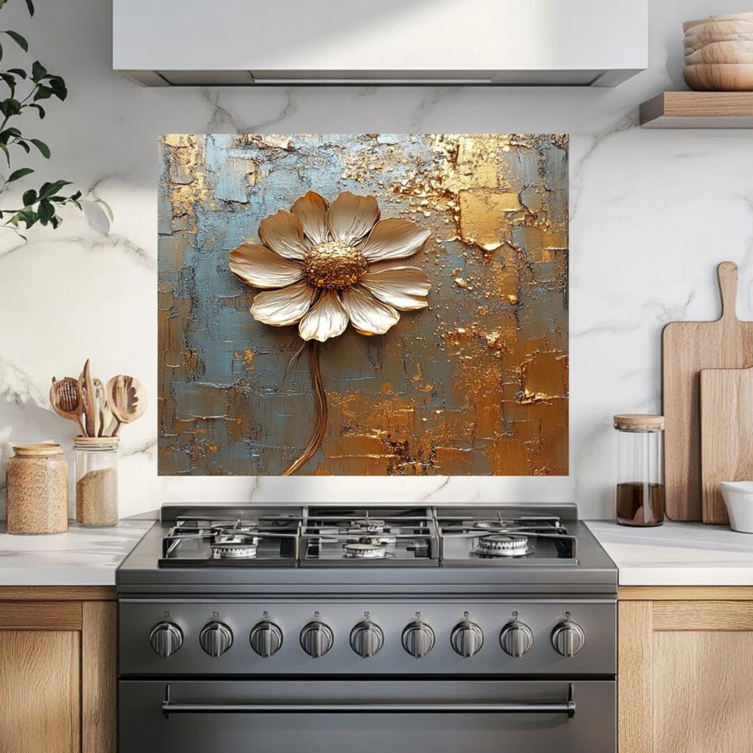 35.5"x24" Tempered Glass Backsplash Panel For Kitchen Stove – Copper Flower Design, UV-Printed, Heat & Moisture Resistant Wall Protector