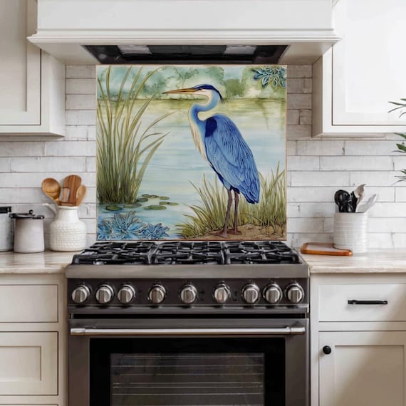 Heron Bird Glass Backsplash, Coastal Nature Wall Art Printed on Tempered Glass, Blue Heron Kitchen Decor, Modern Coastal Backsplash Panel