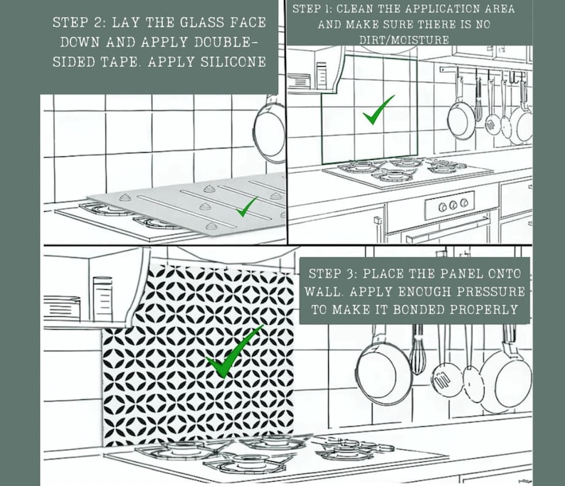 May include: Illustrated instructions for installing a kitchen backsplash. The steps include cleaning the application area, applying double-sided tape and silicone, and placing the panel onto the wall. The panel has a black and white geometric pattern.