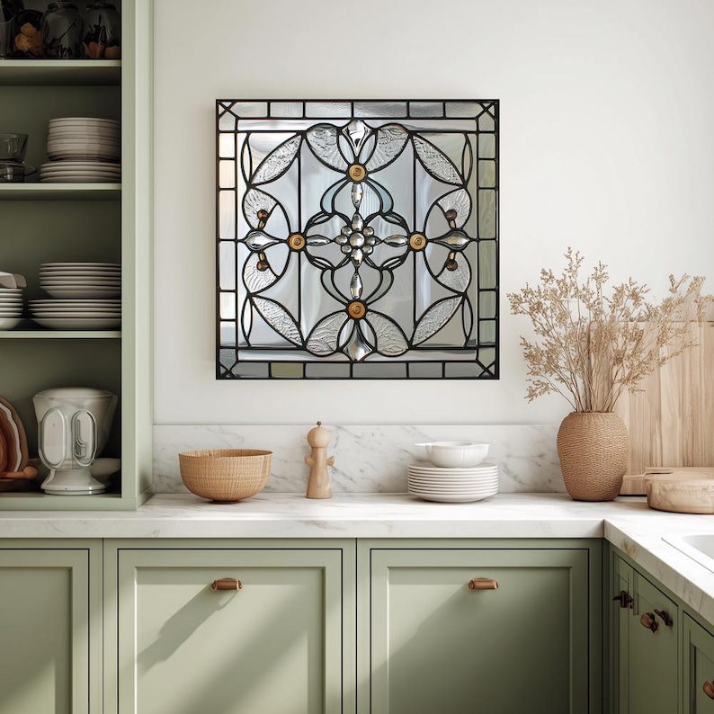 May include: A square, decorative stained glass window with a black metal frame. The design features a symmetrical floral pattern with clear and frosted glass, accented with gold-colored details. The window is mounted on a white wall above a kitchen countertop.