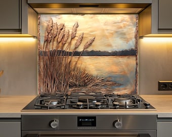Copper Embossed Reed Tempered Glass Kitchen Backsplash, Kitchen Nature-Inspired Wall Art, Rustic Stove Back Splash, Textured Kitchen Tile