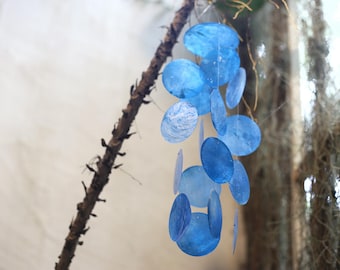 Handmade Blue Capiz Shell Wind Chime | Coastal Garden Decor
