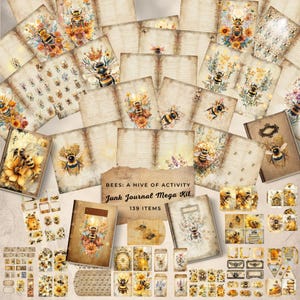 Kit de diario basura DIY con temática de abeja vintage, etiquetas de acuarela, sobres, páginas de diario folio, tarjetas, paquete de efímeras, cubiertas de libros, papel reciclado digital