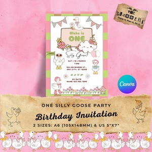 Convite para o primeiro aniversário do One Silly Goose, modelo digital editável para impressão no Canva, tema floral cottagecore com estampa xadrez xadrez, faça você mesmo