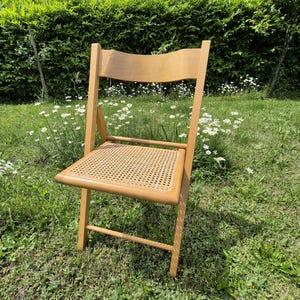 Vintage Folding Wooden Chair with Rattan Seat – Rustic Boho Accent Seating