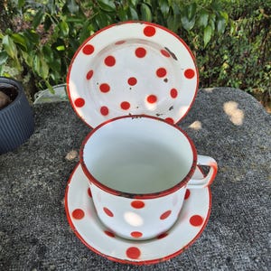 May include: A vintage white enamelware cup, saucer, and plate set, each decorated with red polka dots. The cup has a handle and sits on a matching saucer. The oval plate completes the set, showing signs of age.