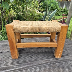 Vintage Wooden Footstool with Handwoven Twine Seat – Rustic Farmhouse Stool or Plant Stand