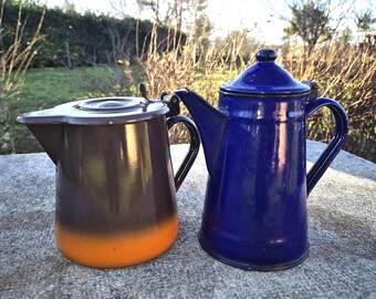 1 of 2 Enamel Teapot and Warm Milk Server /  Enameled Pot /  Emo Yugoslavia Factory