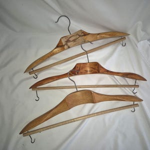 Set of 3 Vintage Wooden Clothes Hangers / Metal Hooks / Set of Mid-Century Wood Hangers