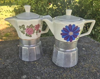 Vintage Flory Express Moka Kanne - 1970er italienische Porzellan Aluminium Kaffeekanne