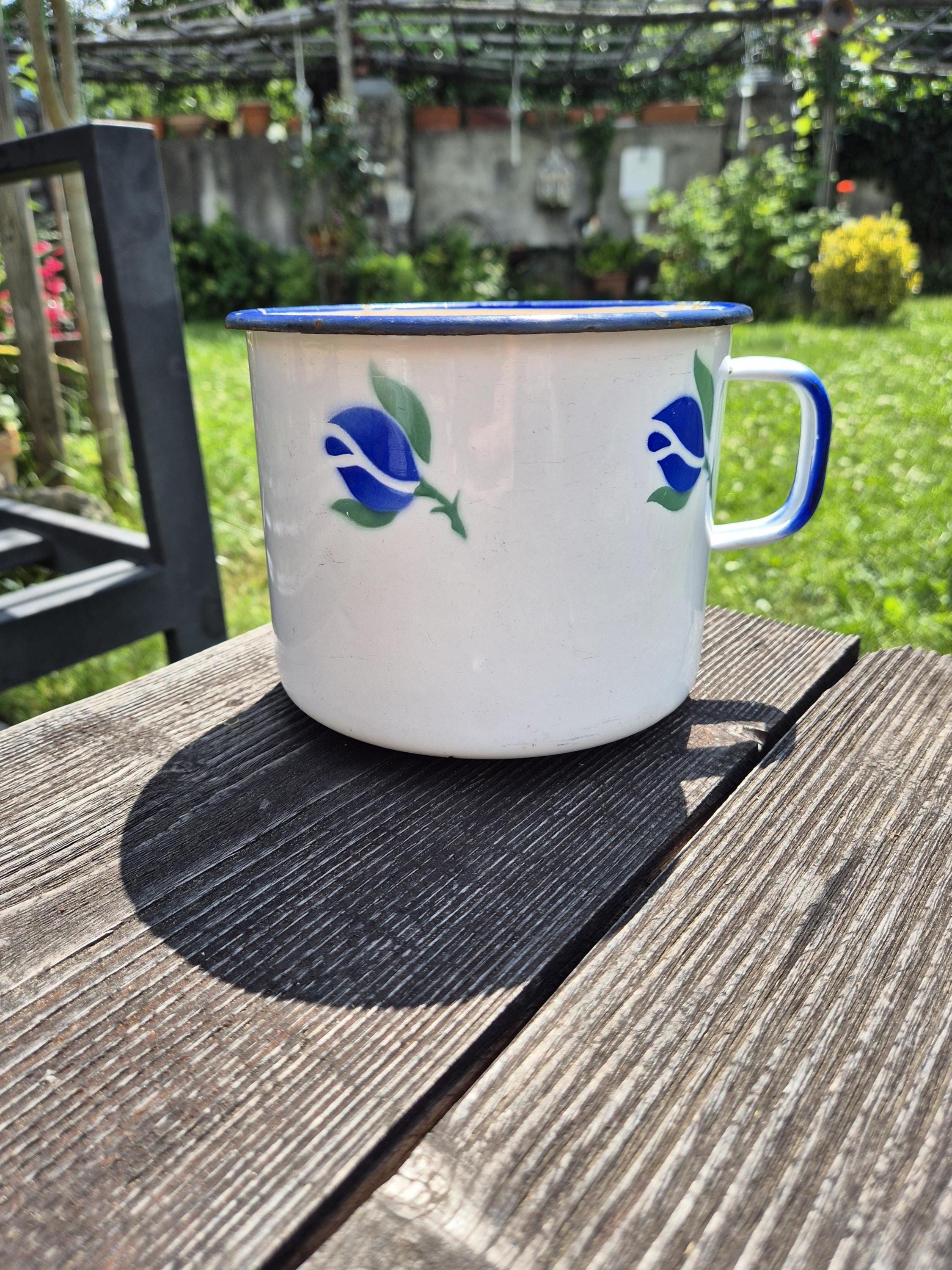 Vintage Yugoslavian Enamel Pot – EMO Celje – Blue Rose Design – 1960s Kitchen Decor