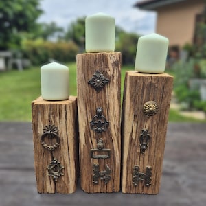 Set of 3 Rustic Candle Holders | Reclaimed Wood & Vintage Parts | Eco-Friendly Home Decor