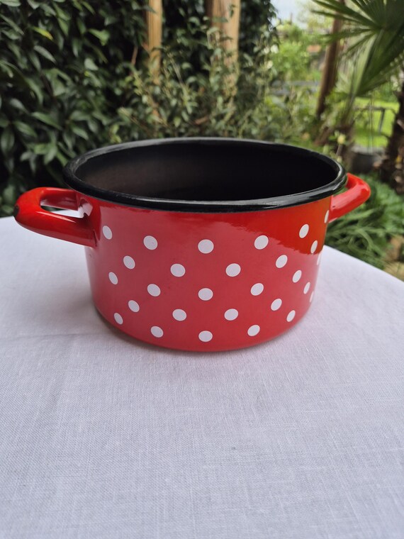Vintage EMO Celje Enamel Pot / Red with White Polka Dots / 80s / Made in Slovenia