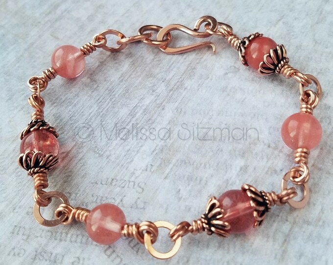 Dainty Cherry Quartz and Copper Bracelet Blush Colored Jewelry Pink Bracelet Beaded Chain Woman