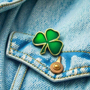 Puede incluir: Un broche de trébol verde y dorado está sujeto al bolsillo de una chaqueta vaquera azul claro. El broche tiene un diseño de trébol de cuatro hojas, con un contorno dorado. El bolsillo de la chaqueta tiene un patrón azul y blanco con costuras doradas.