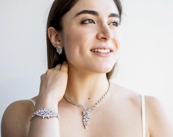 Brautschmuck-Set Hochzeit Tag Zubehör Schmuck-Set für Braut Accessoires Ohrringe Halsketten-Set Zirkonia Braut-Set Hochzeitsschmuck