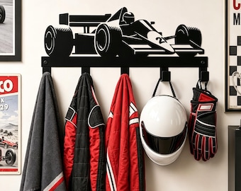 Perchero de pared metálico con forma de coche de carreras de Fórmula 1 clásico, colgador de equipo con temática de carreras para decoración de pared de garaje, cueva de hombre, entrada, ganchos de pared