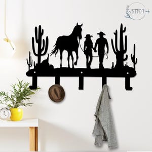 Rustic Cowboy Couple Wall Hook , Western Metal Art with Functional Hooks , Country Farmhouse Entryway Decor , Western Equestrian Metal Hook