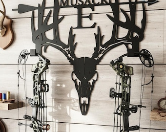 Customized Hunting Deer Skull Bow Hanger, Vintage Style Bow Holder, Personalized Deer Skull Bow Holder, Durable Hunting Theme Metal Art