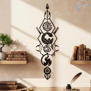 May include: Black metal wall art featuring geometric shapes and symbols. The design includes a tree, waves, clouds, fire, and a wheel. The artwork is approximately 30 inches tall and is mounted on a light-colored wall.