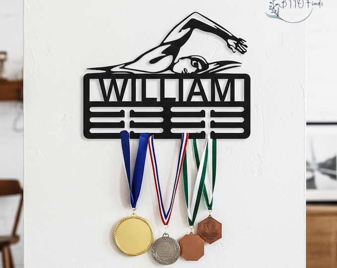 Personalized Swimming Medal Display Rack, Custom Name Metal Sign for Swim Awards, Champion Swimmer Gift, Modern Swimming Medal Display