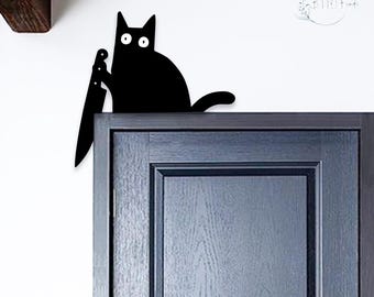 Mischievous Feline Metal Door Decor,Playful Cat Silhouette Door Sign,Edgy Home Decor,Unique Doorway Accent Piece,Eye-Catching Doorway Decor