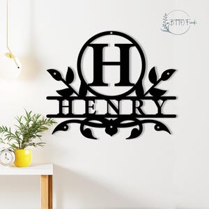 Letrero metálico con nombre personalizado y hoja, regalo del Día del Padre, letrero con mayúscula, letrero con apellido personalizado, letrero metálico para pared, regalo de inauguración de la casa.
