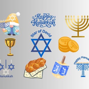 Op de afbeelding: Een verzameling Hanukkah-symbolen, waaronder een menorah, een draaiend tolletje, de ster van David, gelt en een blauwe dwerg die een menorah vasthoudt. De tekst "Happy Hanukkah" is geschreven in blauwe cursieve letters.