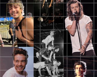 May include: A collage of black and white photos of a band, with a few color photos of the band members. The band members are all wearing white t-shirts. The band's name, "One Direction", is on a star on the sidewalk.