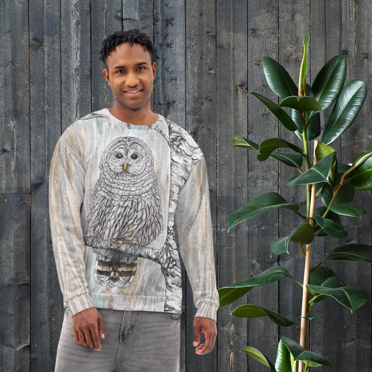 Owl Unisex Cotton Sweatshirt: Owl & Birch Tree, Bliss Art Style, 2XS to 6XL
